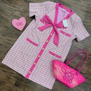 Pink Tweed Dress with Bow and Buttons